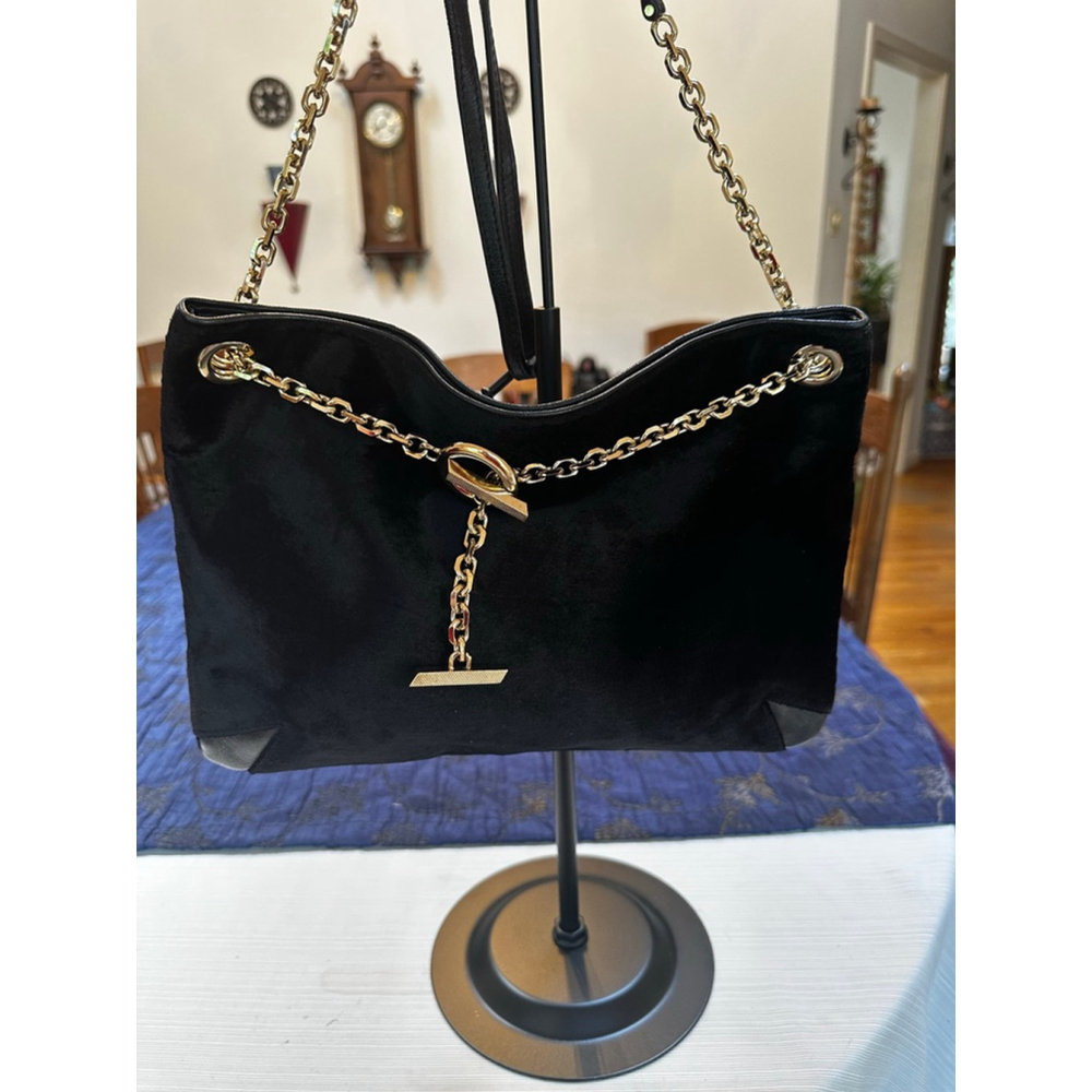 Jimmy Choo Black Leather & Suede Shoulder Bag w: Gold Chain - Picture 4 of 15